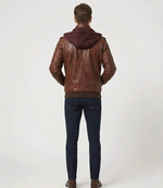 Men's Brown Real Lambskin Leather Hooded Bomber Jacket