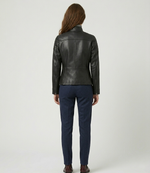 Women's Black Real Lambskin Leather Quilted Cafe Racer Jacket