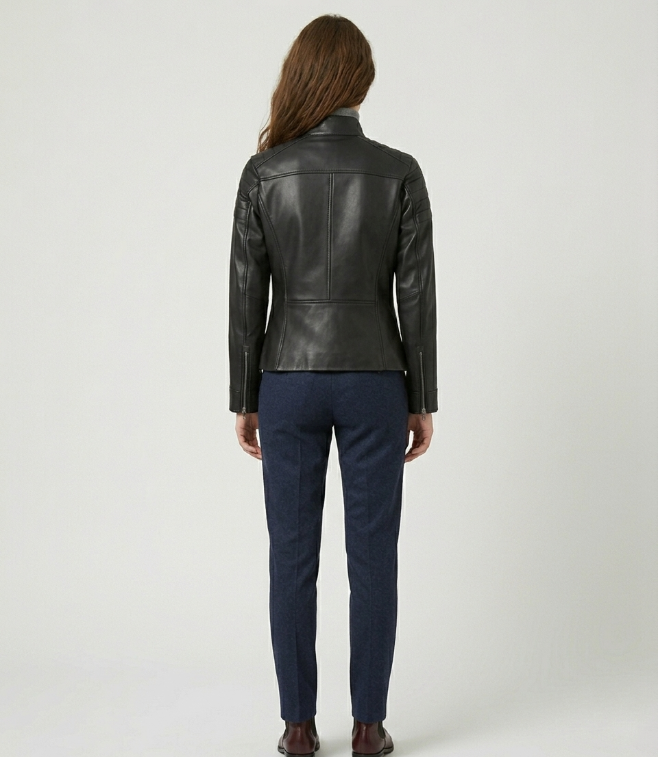 Women's Black Real Lambskin Leather Quilted Cafe Racer Jacket