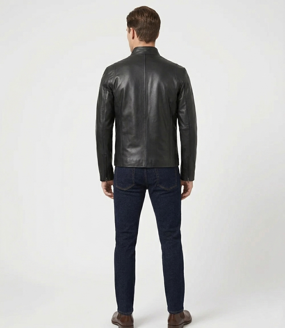 Men's Black Real Lambskin Leather Slim Fit Cafe Racer Jacket