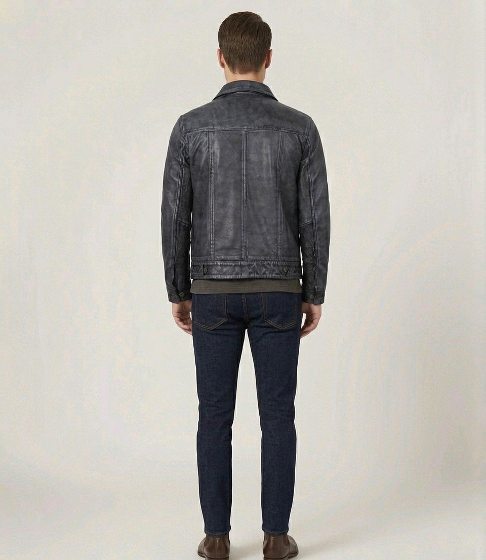 Men's Distressed Grey Real Lambskin Leather Trucker Style Jacket