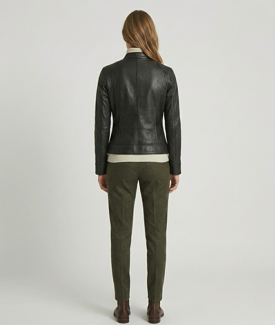 Women's Black Real Lambskin Leather Slim Fit Cafe Racer Jacket