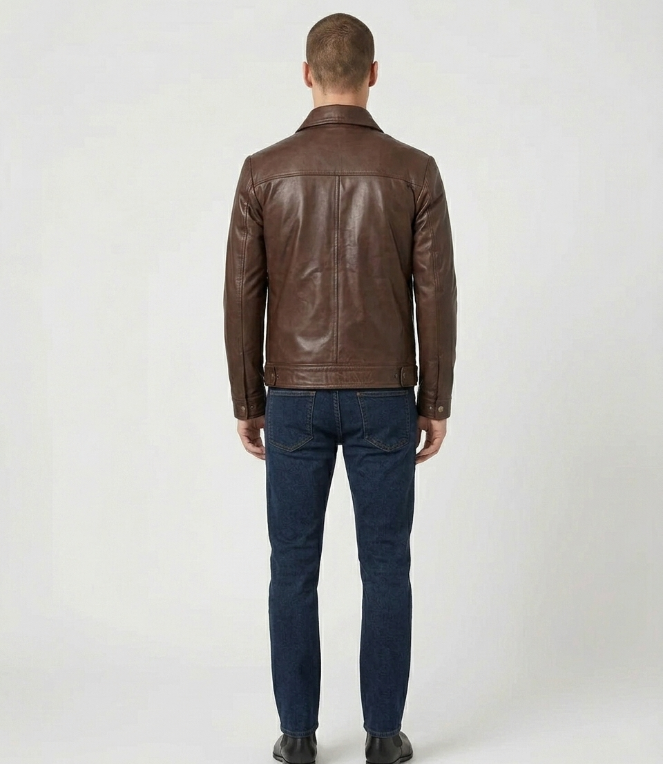 Men's Brown Real Lambskin Leather Classic Shirt-Collar Jacket