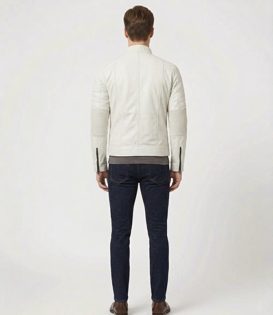 Men's Off-White Real Lambskin Leather Quilted Cafe Racer Jacket