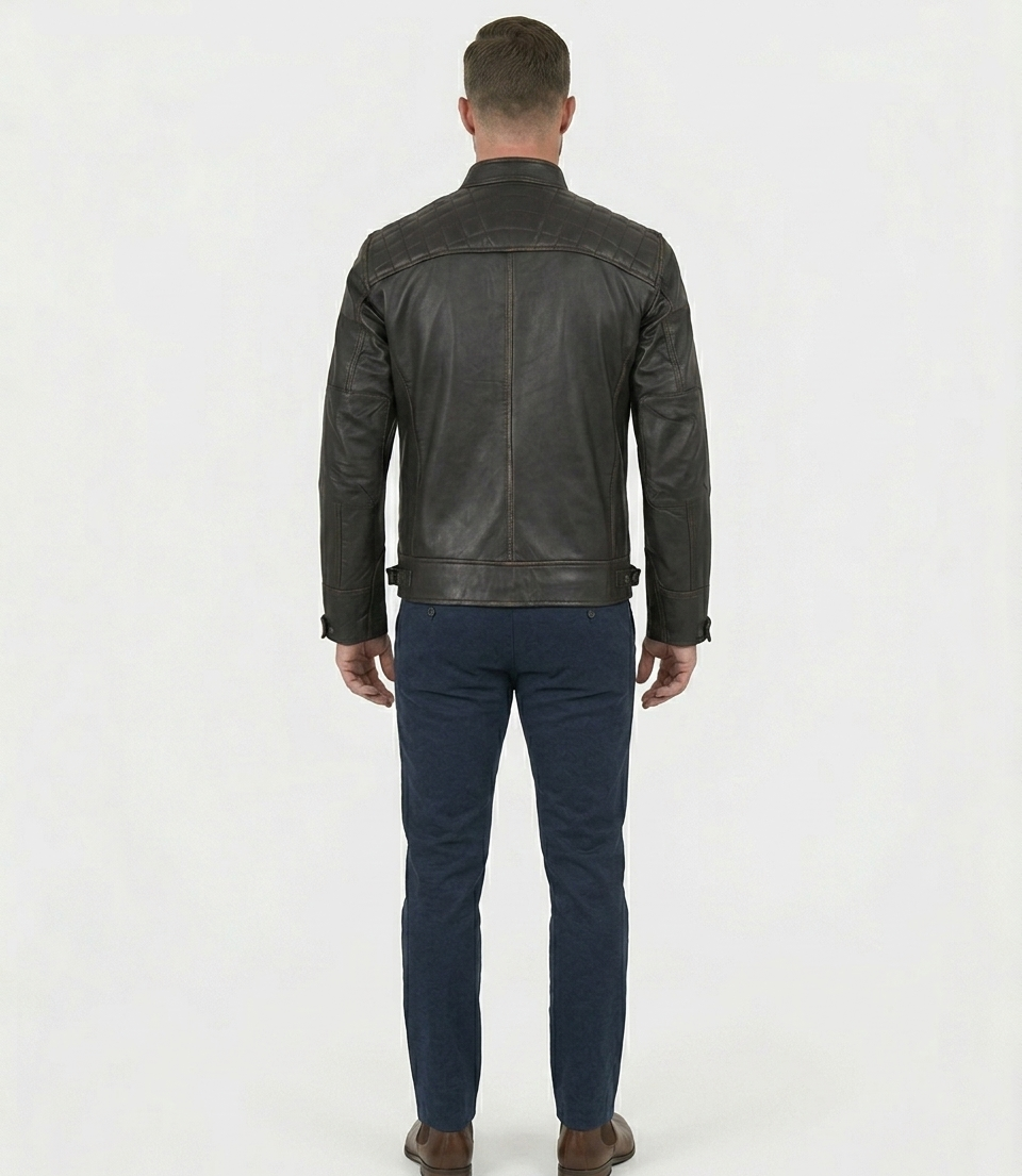 Men's Distressed Dark Brown Real Lambskin Leather Cafe Racer Biker Jacket