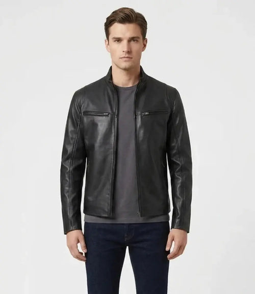 Men's Black Real Lambskin Leather Slim Fit Cafe Racer Jacket